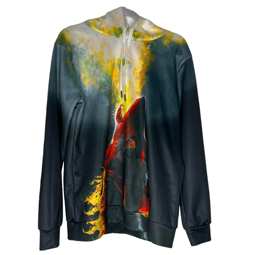 NEWCOSPLAY Men's Pullover Hoodie Size S/M w/Wolf Breathing Fire Front and Back